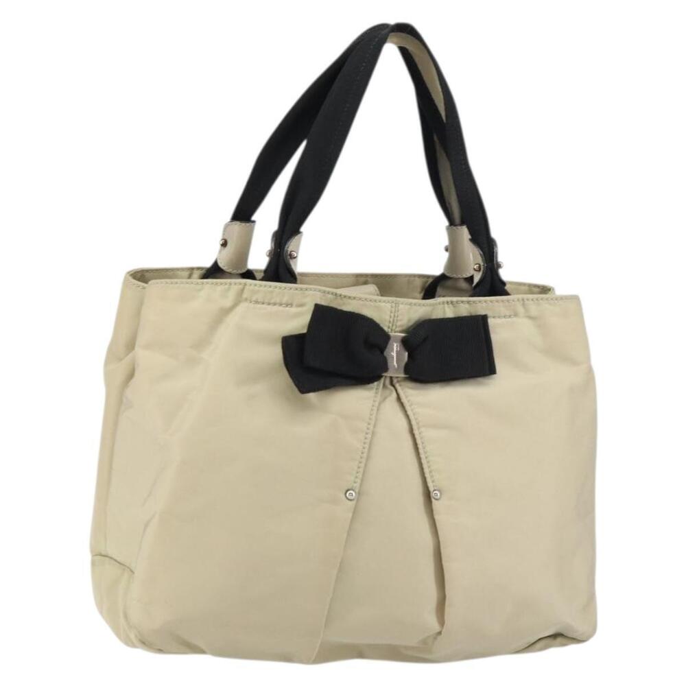 Salvatore Ferragamo Vala Hand Bag Nylon Beige Silver Auth 159394